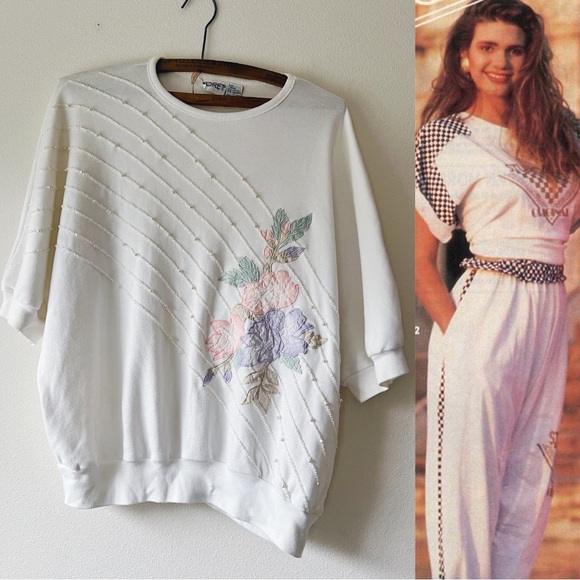 Vintage‎ 90’s White appliqué Floral short sleeve Sweatshirt size 1X - Picture 1 of 7